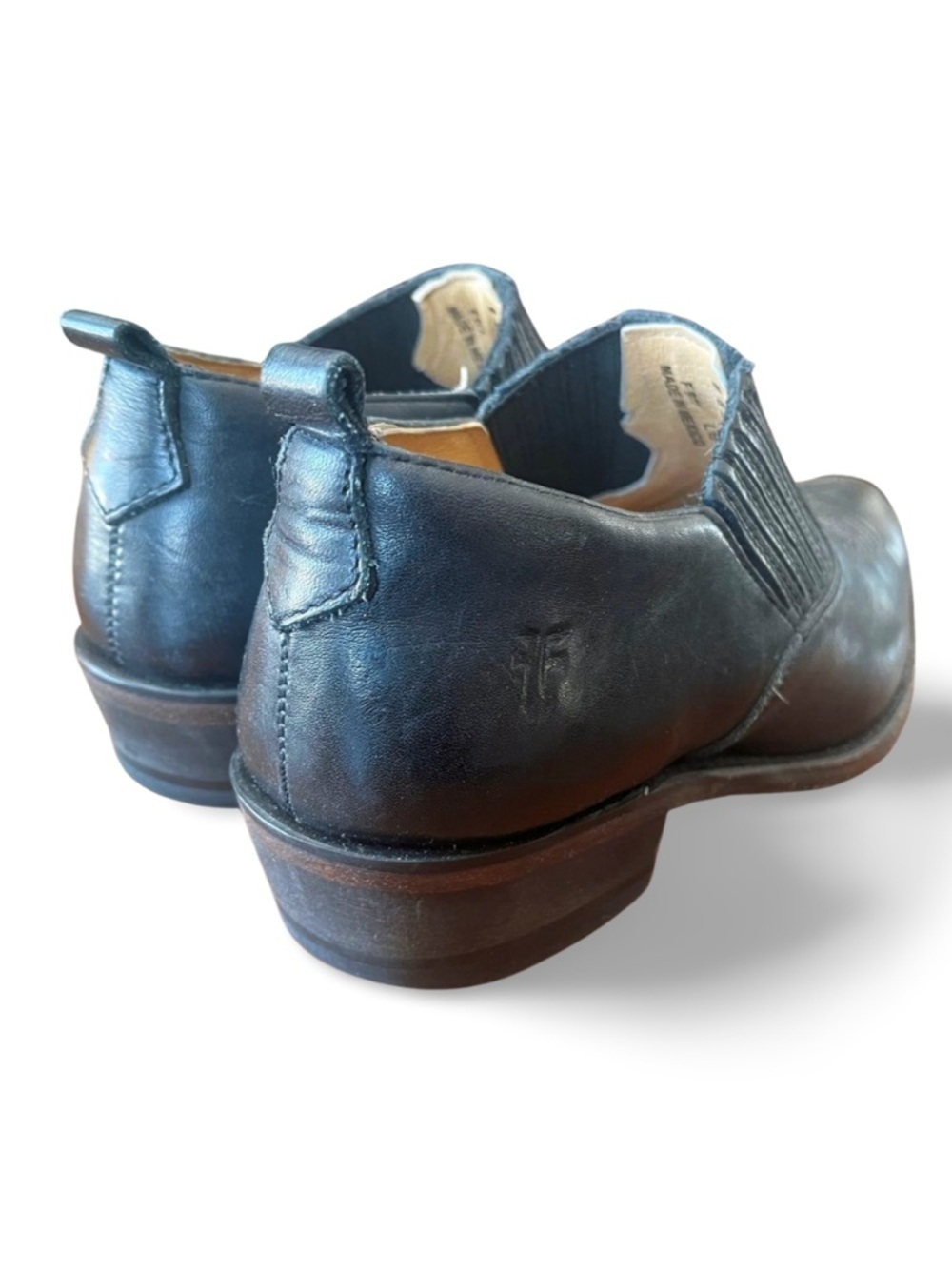 Frye Black Leather Ankle Booties Slip-On Low Heel Western Minimalist shortie - Picture 6 of 8